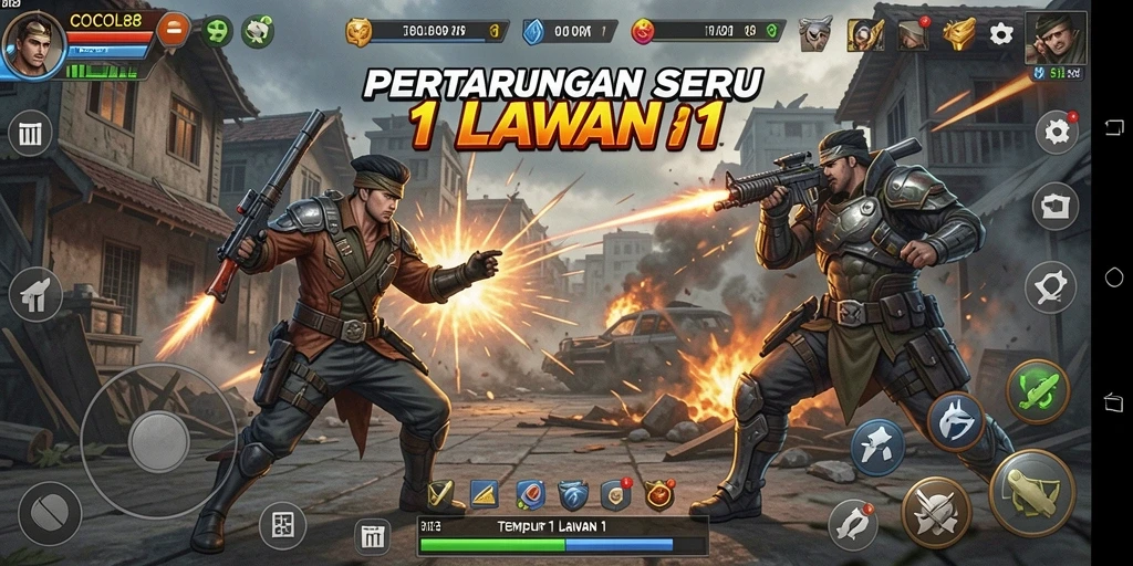 Tampilan antarmuka COCOL88 dalam aksi Tempur 1 Lawan 1.